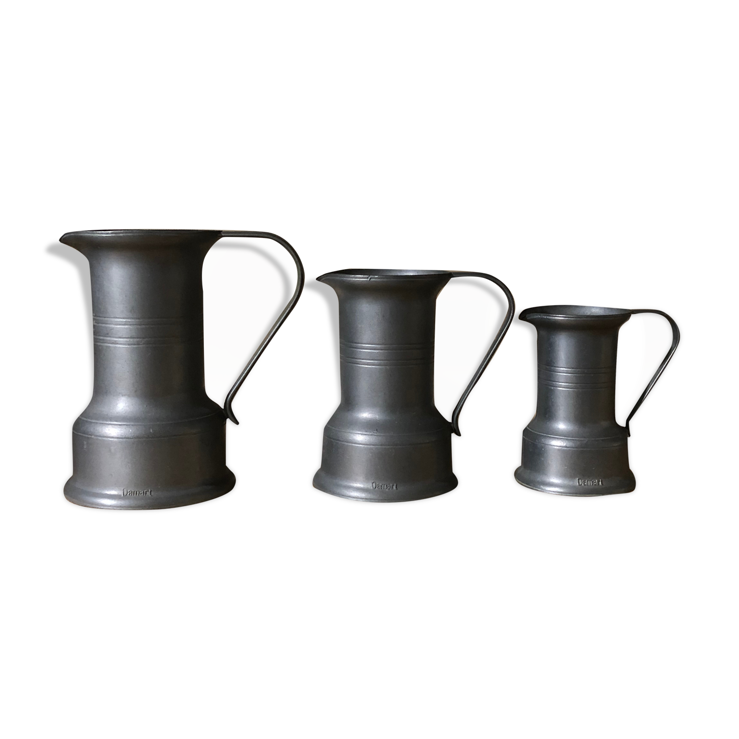 Set of 3 old Damart Art Deco pewter pitchers