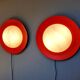 Pair of XXL Space Age wall sconces, orange lacquered metal and opaline, 1960.