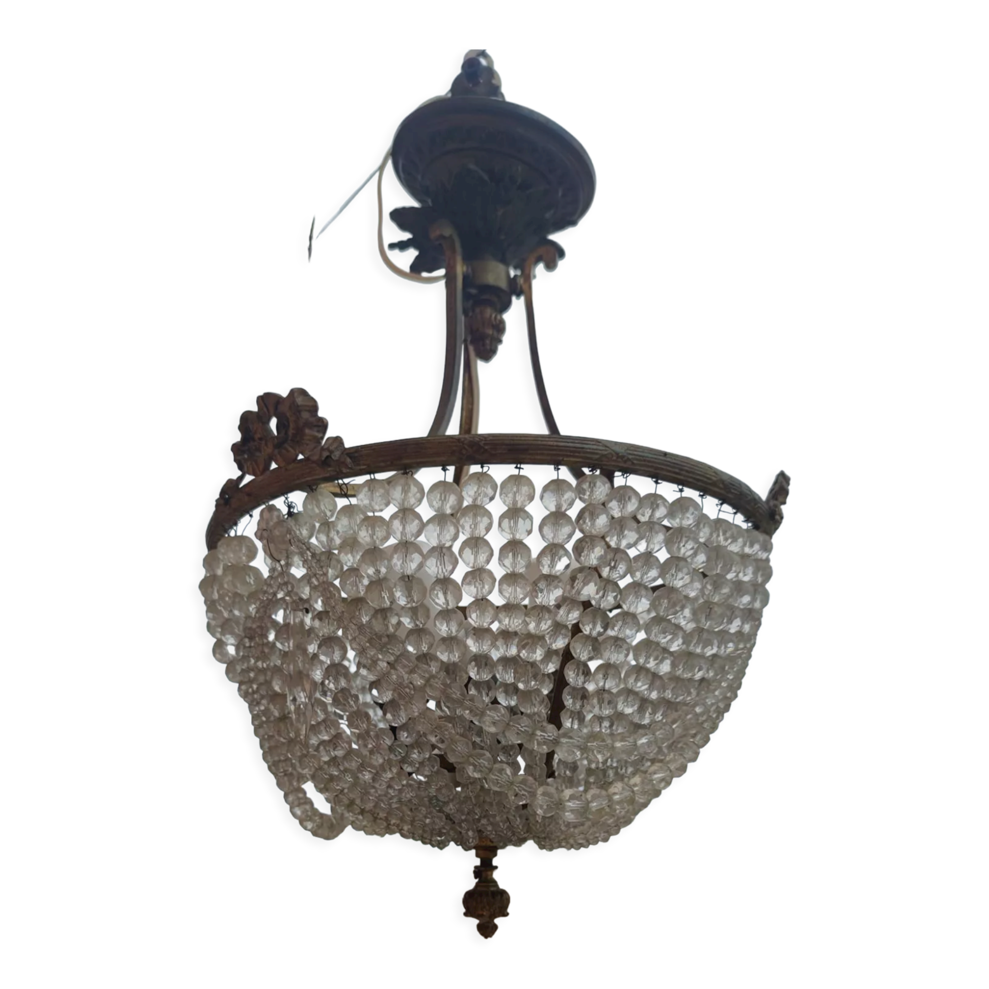 Antique bronze and crystal chandelier, formerly gas-powered, dating from the late 19th century.