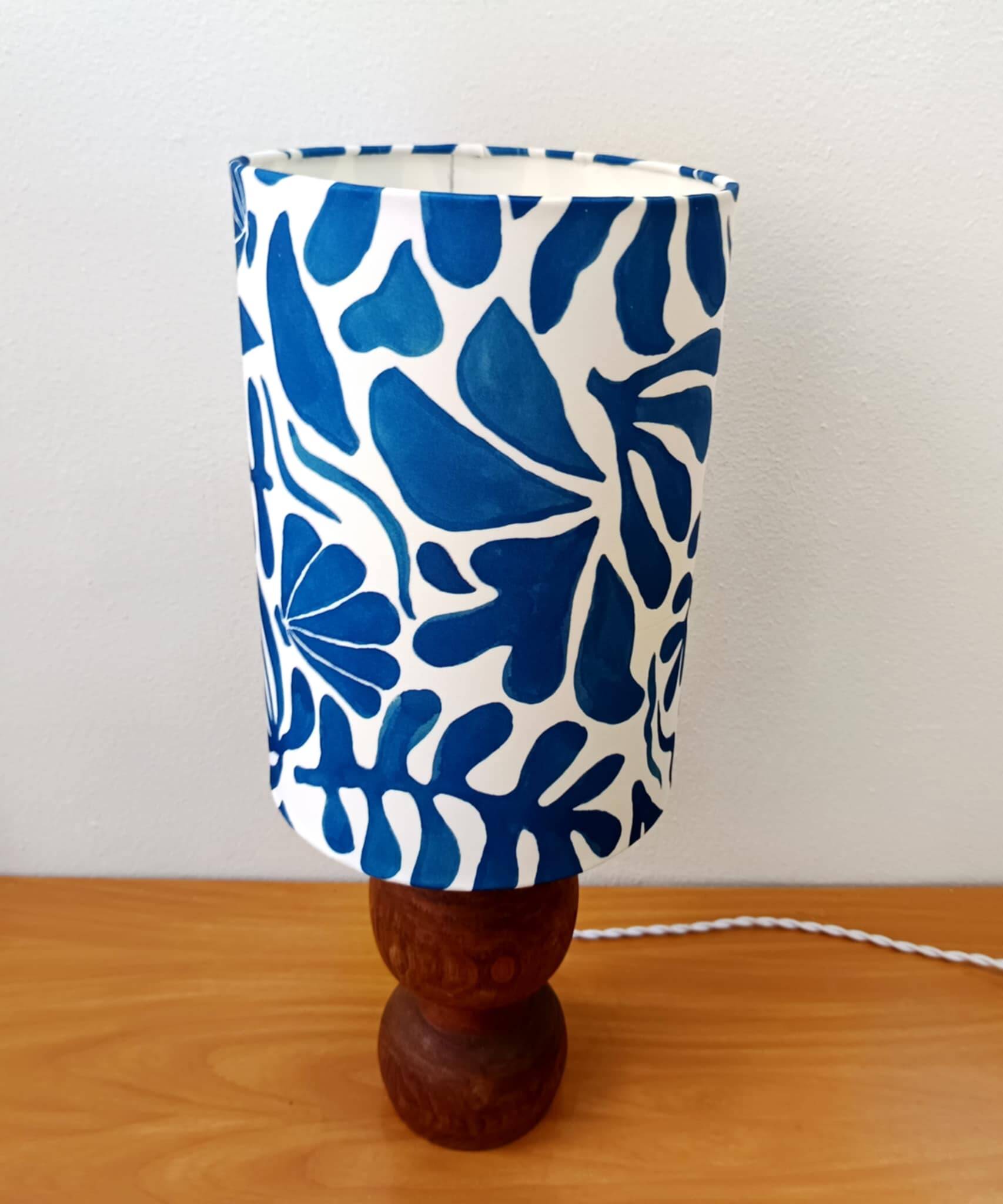 Brutalist wooden lamp and custom shade