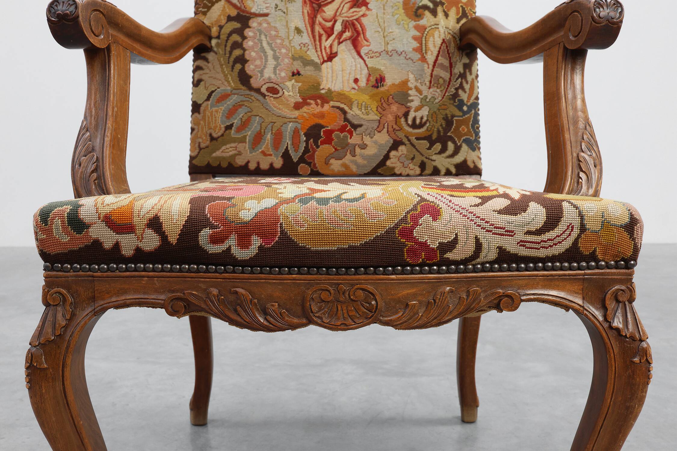 Louis XV Style Carved Walnut Armchair with Needlepoint Upholstery, France