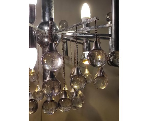 Lustre spoutnik space age boules de verre de Murano et structure métallique chromée vintage italien