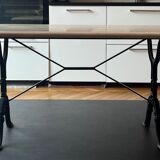 Table travertin bords arrondis 180x100, pied fer forgé 70cm