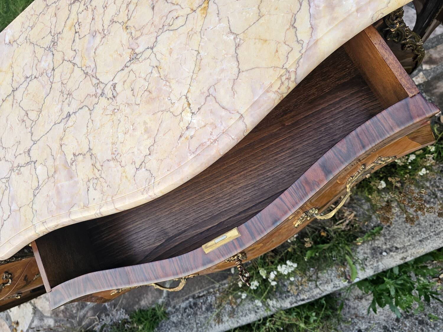 Louis XV style marquetry chest of drawers with two bedside tables