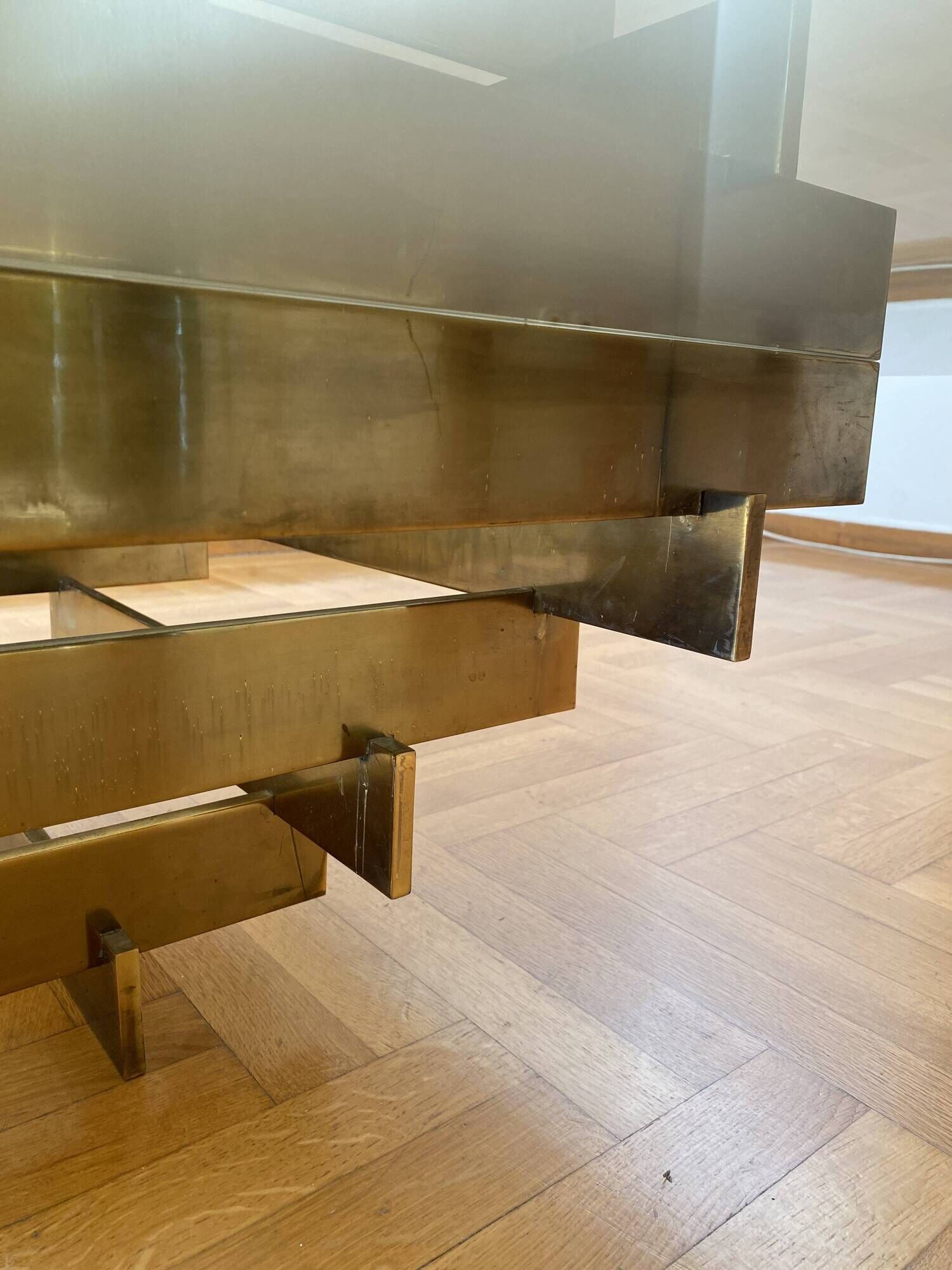 Vintage 1970s Square Coffee Table in Brass and Smoked Glass, David Hicks