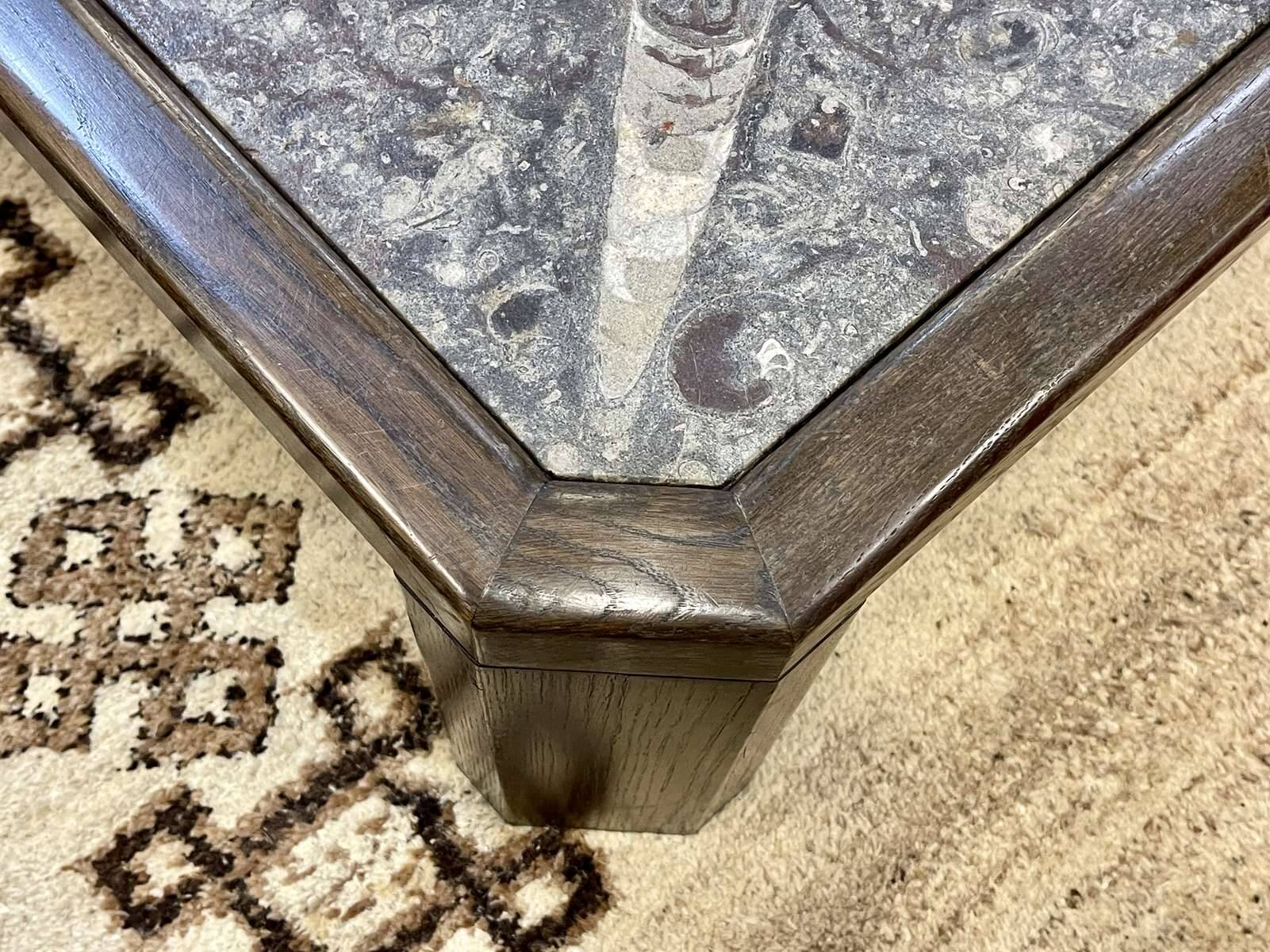 Pair of coffee tables in oak and fossil stone