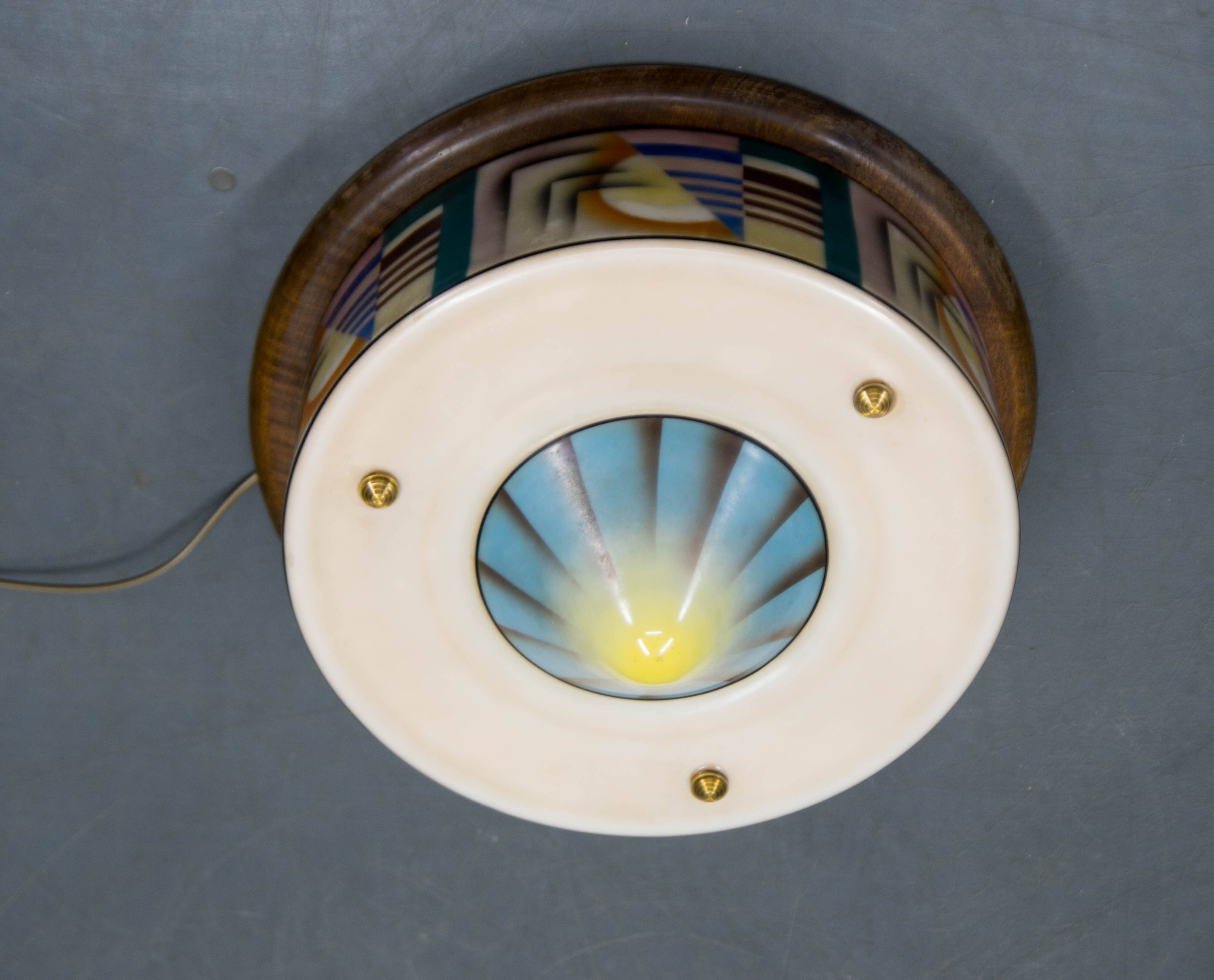 Art Deco Hand Painted Glass Flush Mount, 1920s
