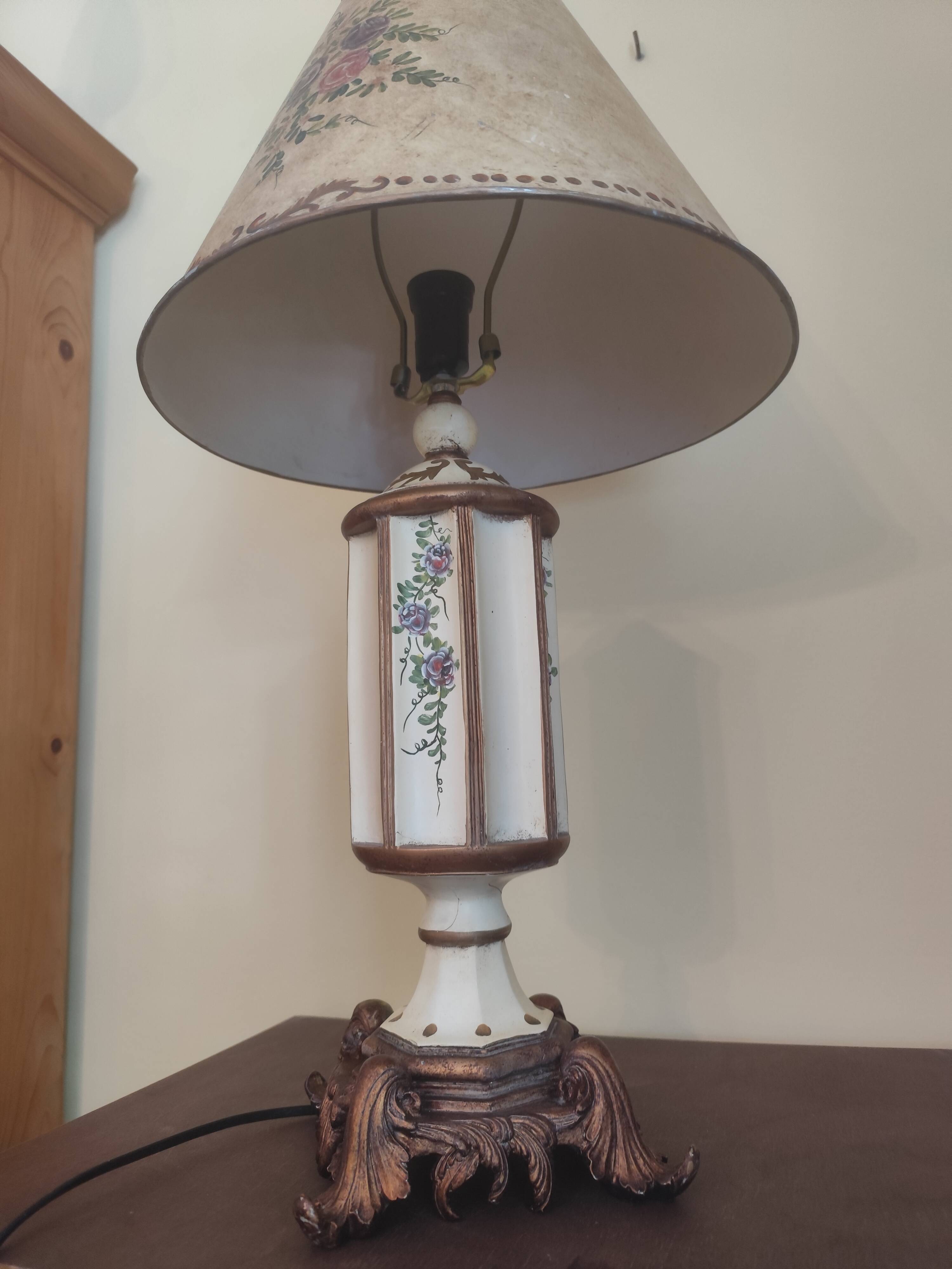 Large pagoda lamp painted with floral patterns and metal shade.