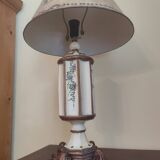 Large pagoda lamp painted with floral patterns and metal shade.