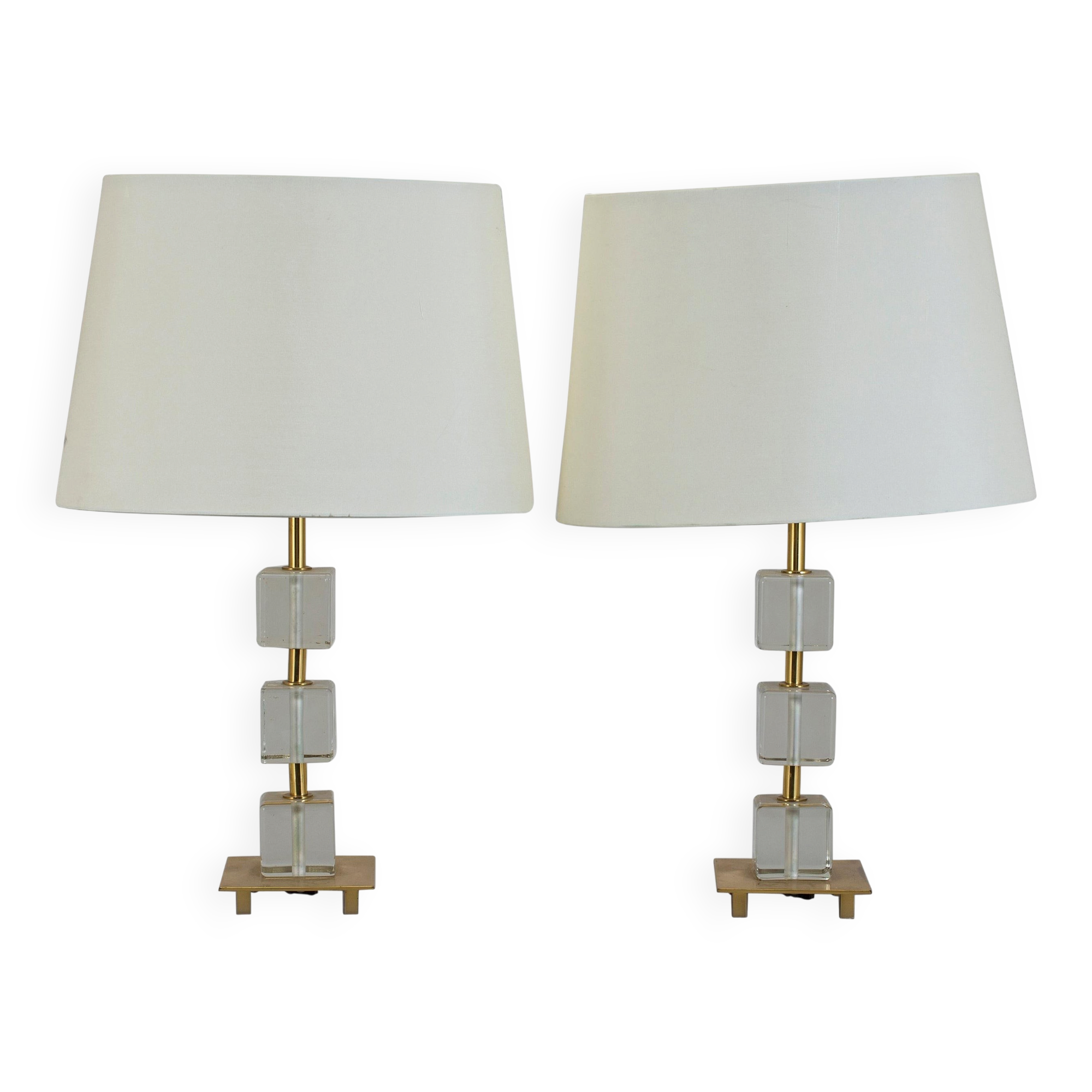 Pair of glass and brass desk lamps by Malmo Metallvarufabrik, Sweden, 1960.