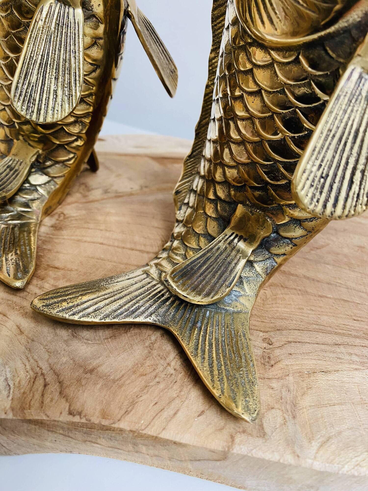 Pair of koi carp vases in brass, animal sculpture
