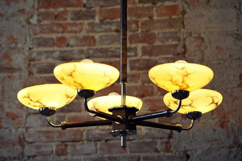Art Deco Chandelier in Chrome and Beech, Czech, 1920s