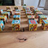 Antique wooden cube set, 40 pieces representing all the letters of the alphabet and ideograms linked to the letters