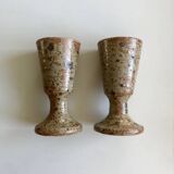 Pair of old pyrite stoneware mazagrans, stemmed glasses, thick base, vintage duo set