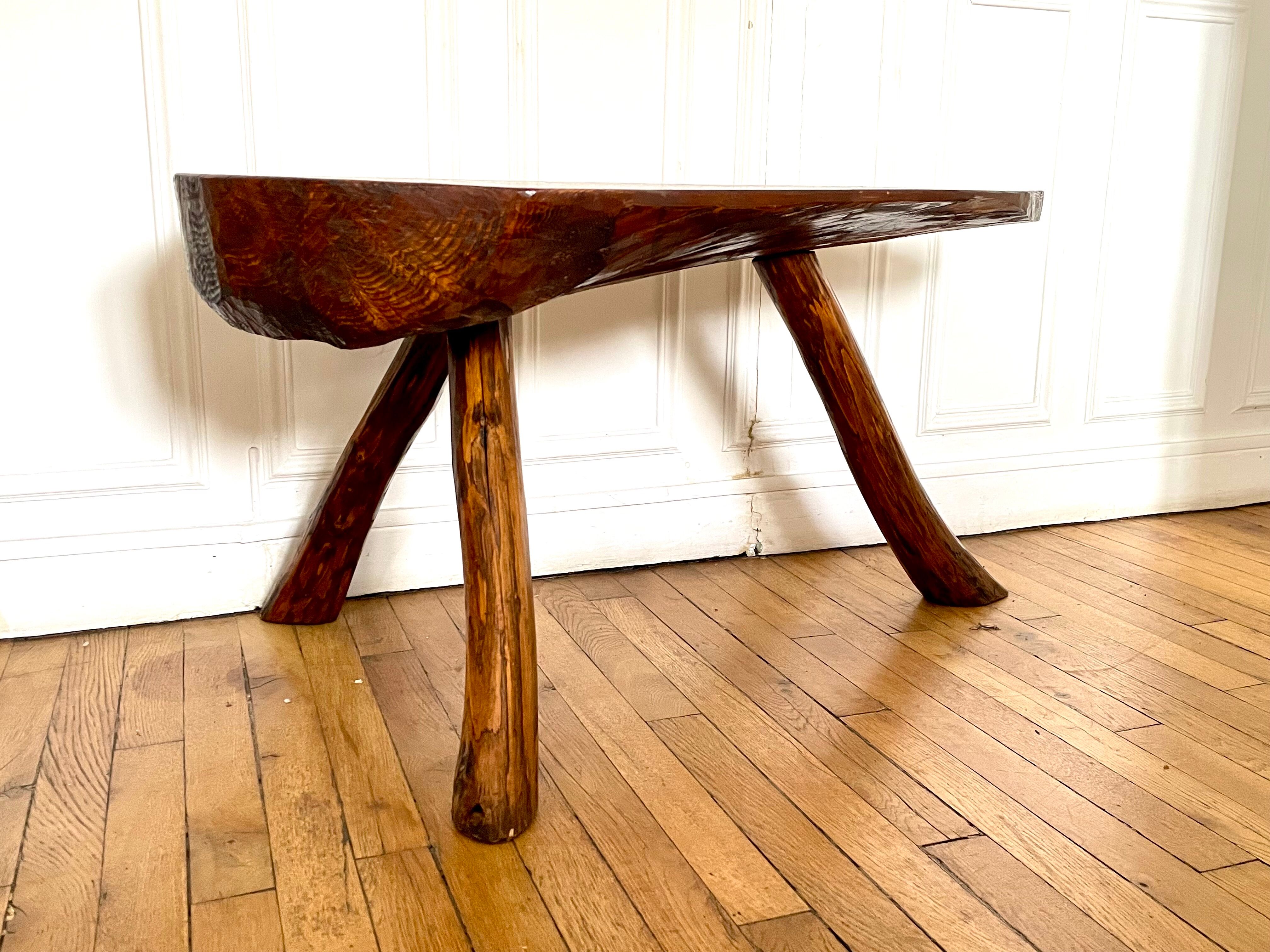 Brutalist tripod coffee table in solid wood, vintage 1960