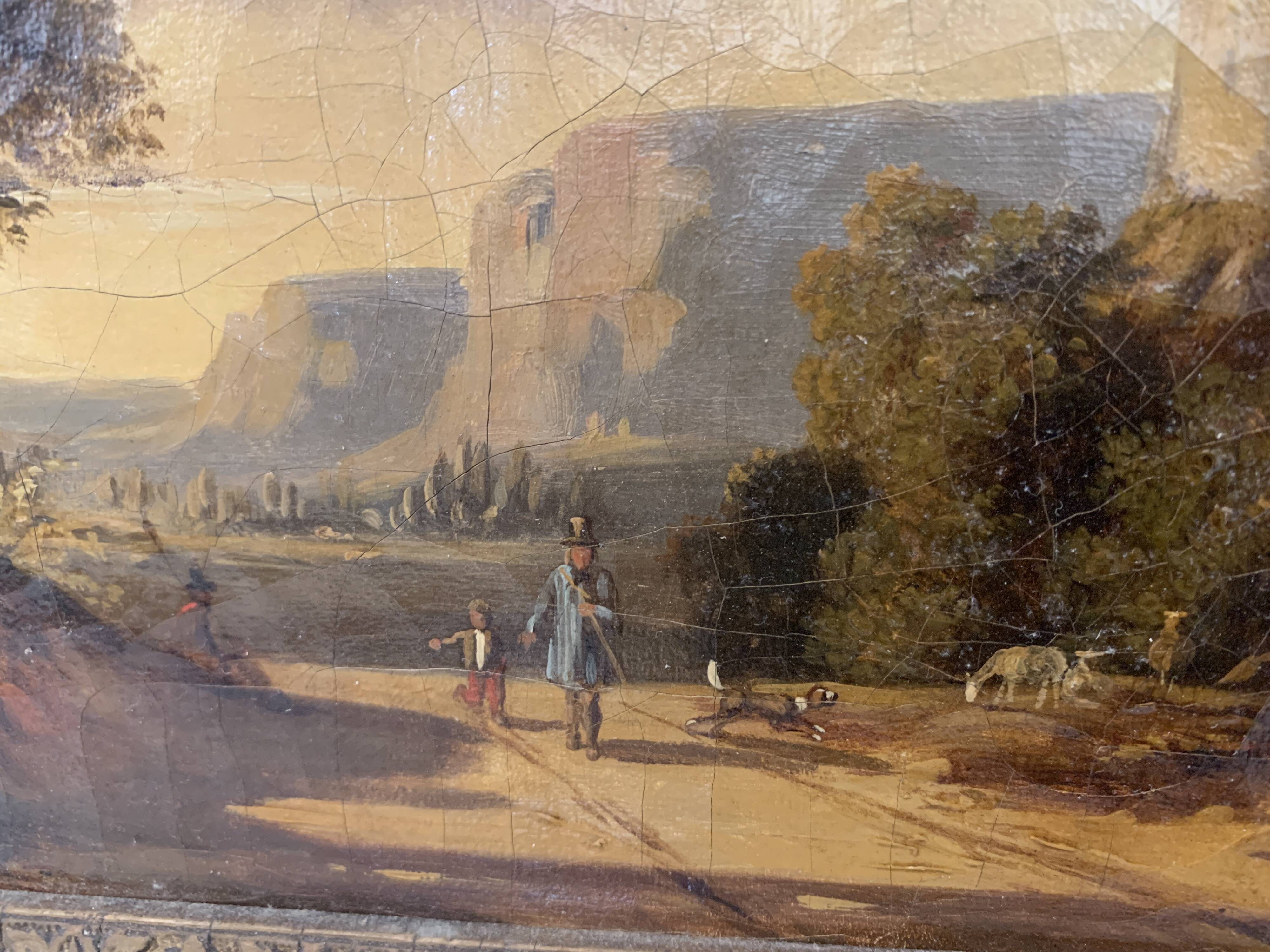 Oil on canvas "Animated landscape" wooden frame and gilded stucco 19th century
