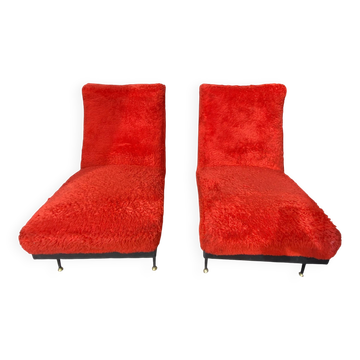 Pair of red shaggy armchairs from around 1960.