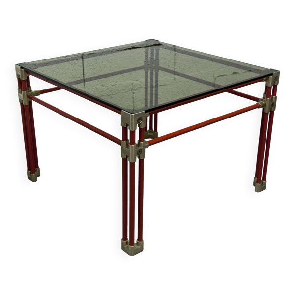 Table basse design italien postmodern en verre fumé structure acier rouge