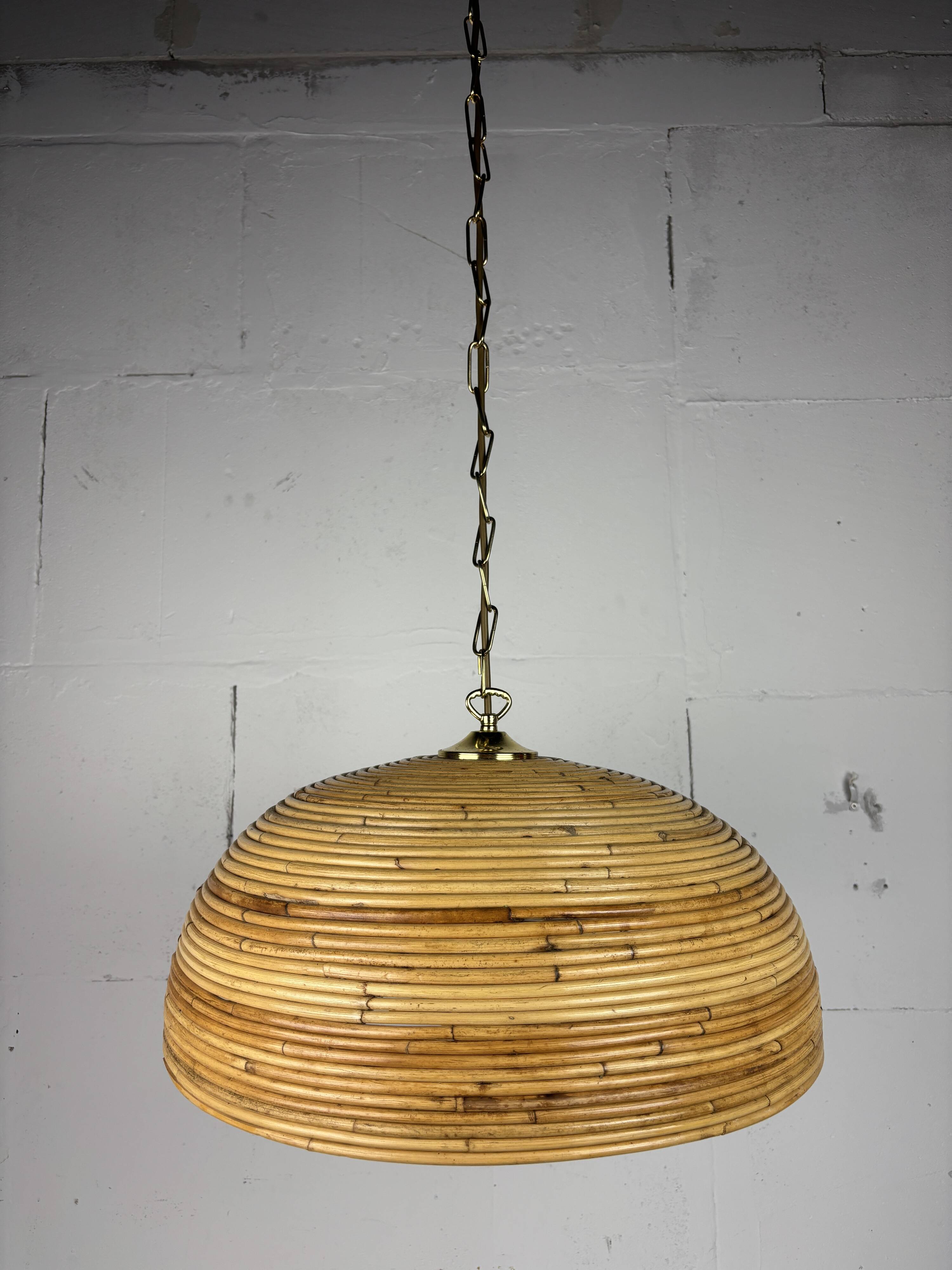 Midcentury Pencil Reed, Rattan, Bamboo and Brass Pendant Hanging Lamp, 1970