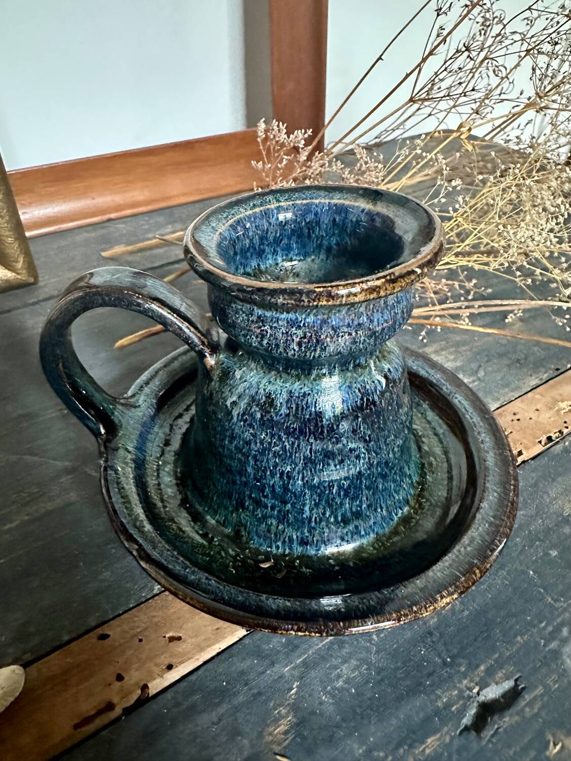 Enameled stoneware candle holder