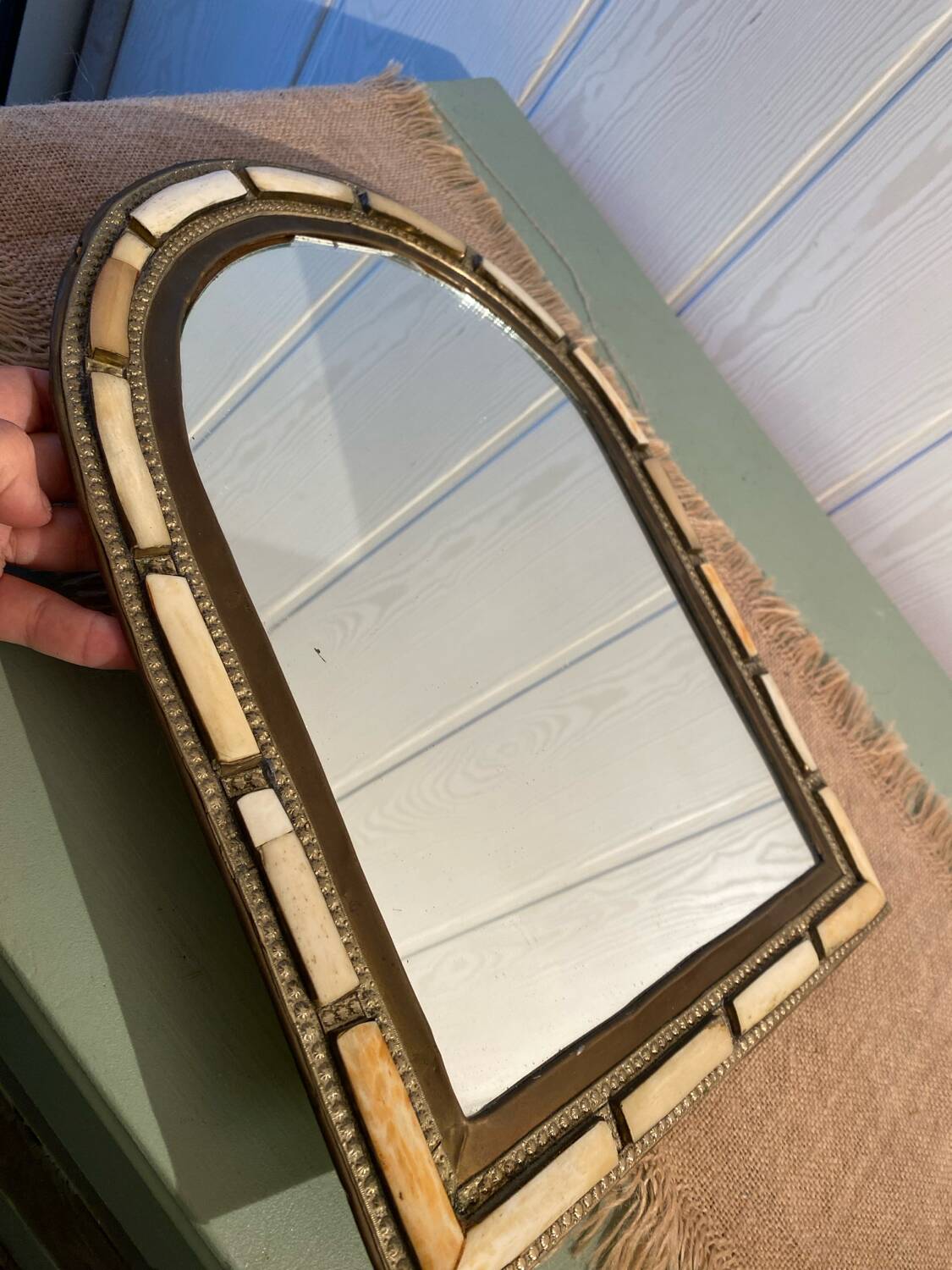 Oriental brass and bone mirror