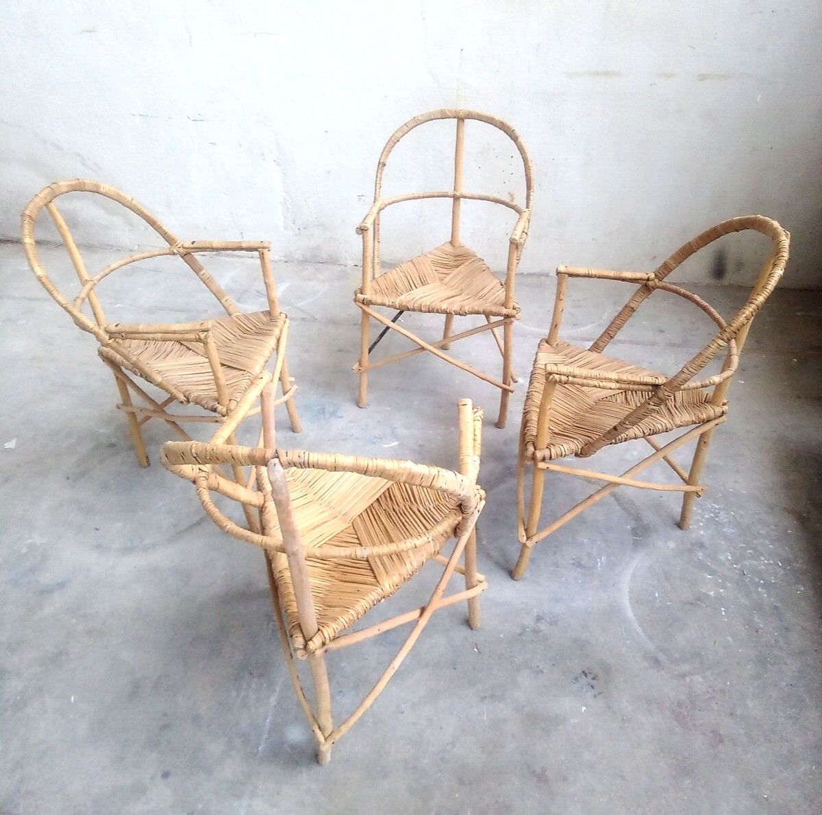 Set of 4 armchairs vintage wood and rattan