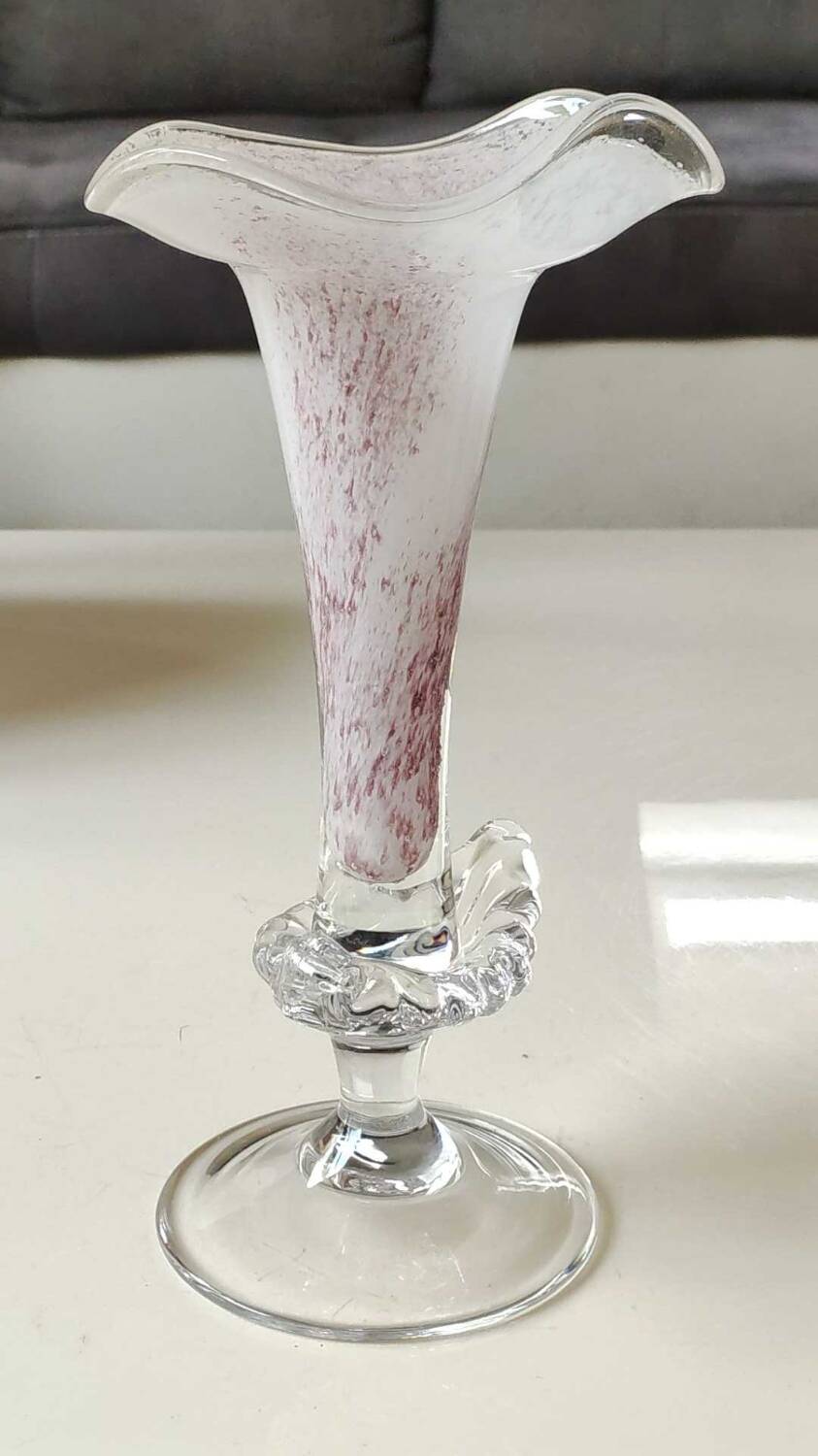 Peter Kaspar Soliflore Vase/Floral design, collared neck. Blown art glass, speckled purple. Shell inclusion. Dim 26.5 x 13 cm