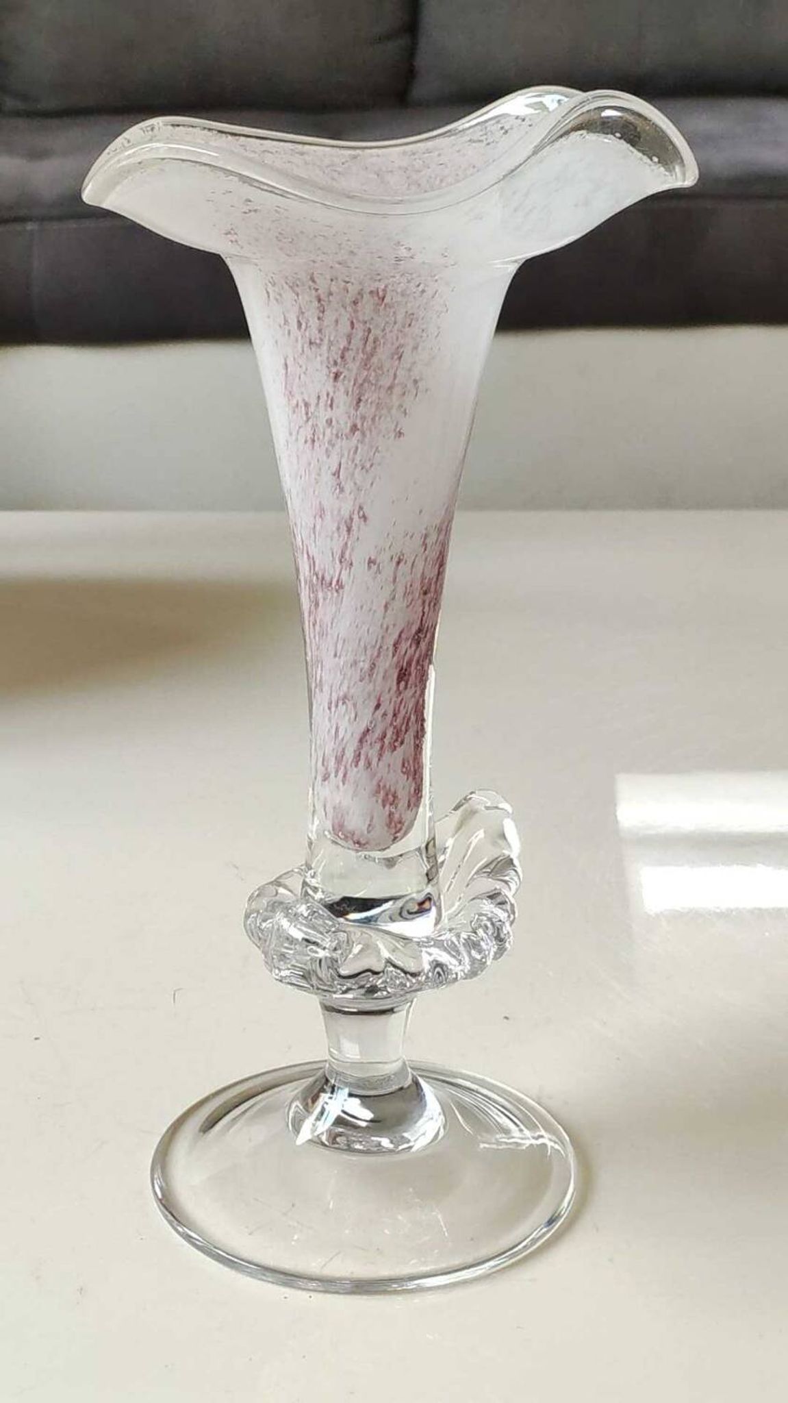 Peter Kaspar Soliflore Vase/Floral design, collared neck. Blown art glass, speckled purple. Shell inclusion. Dim 26.5 x 13 cm