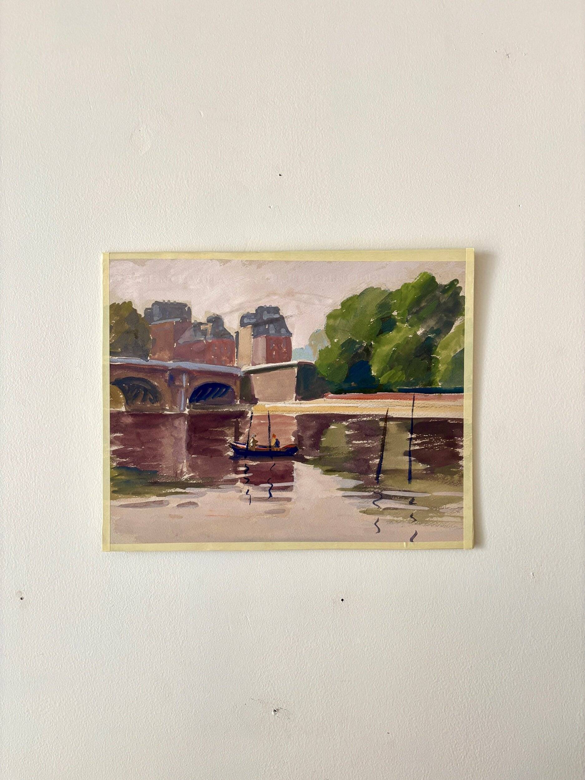 Painting on paper "Houses, bridge, river, boat and people" n°24