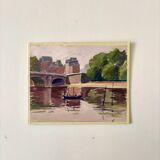 Painting on paper "Houses, bridge, river, boat and people" n°24