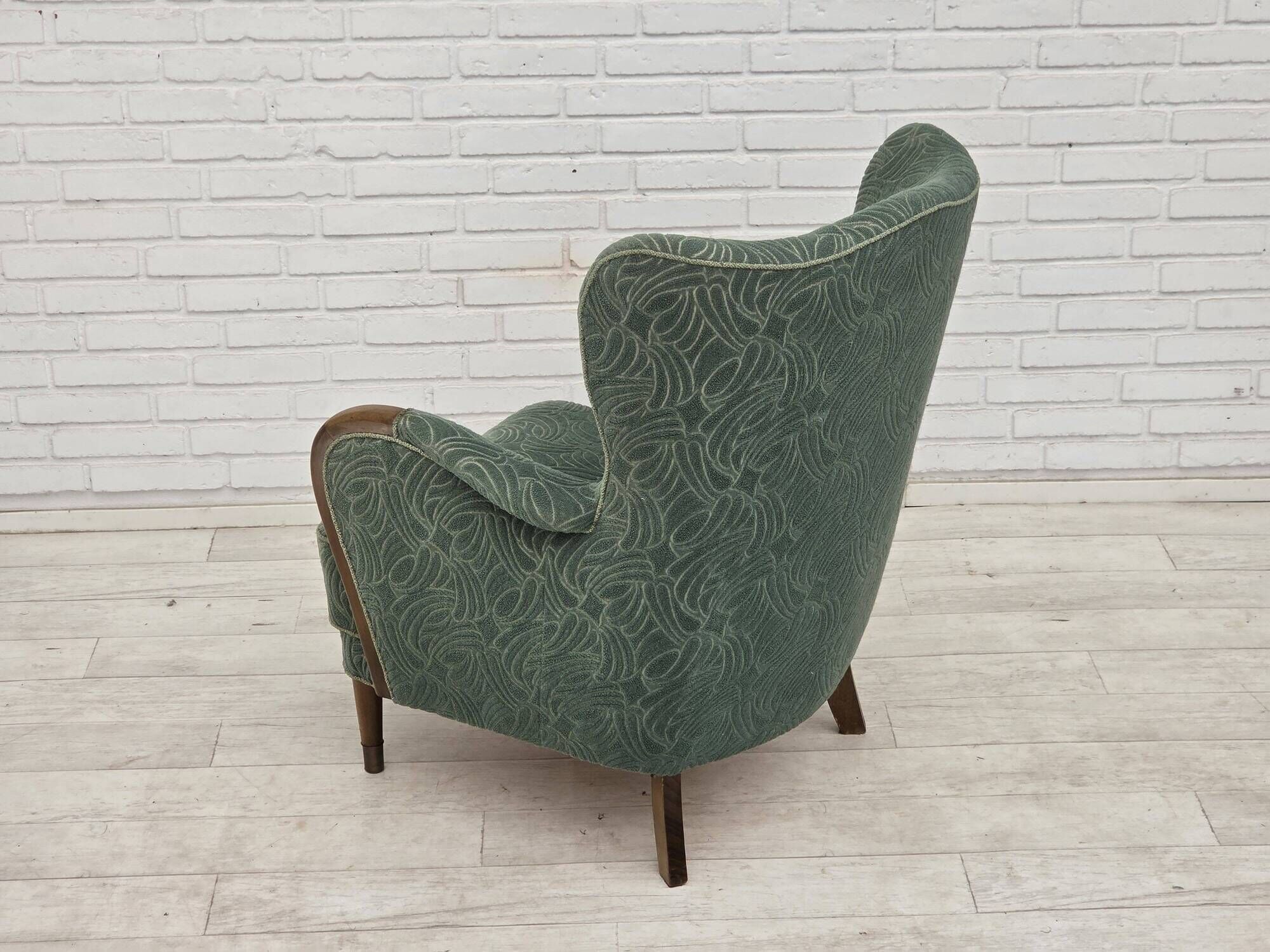 1960s, Danish armchair, green furniture velour, beech wood.