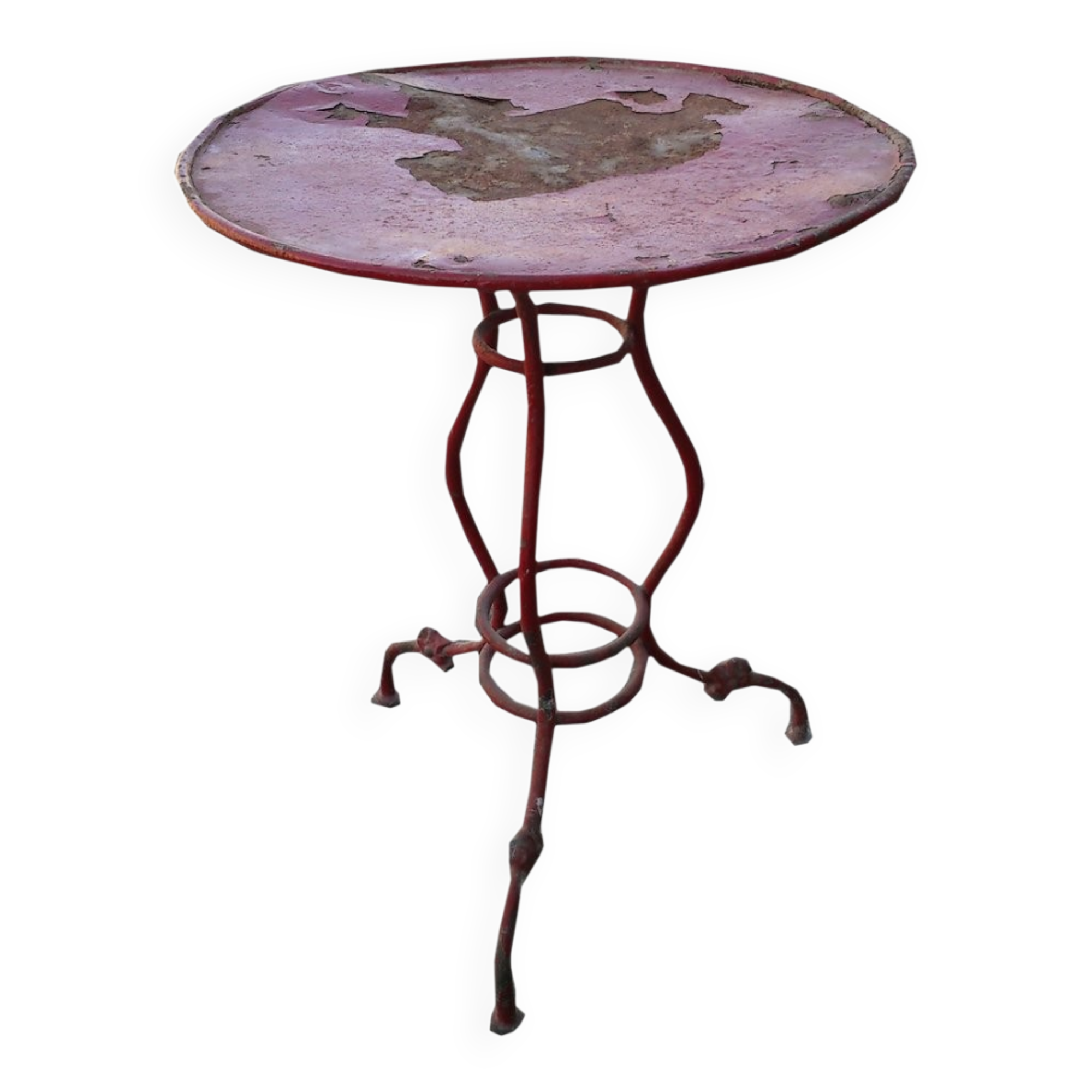 Vintage red cast iron bistro table (1950s) — round metal top, tripod base.