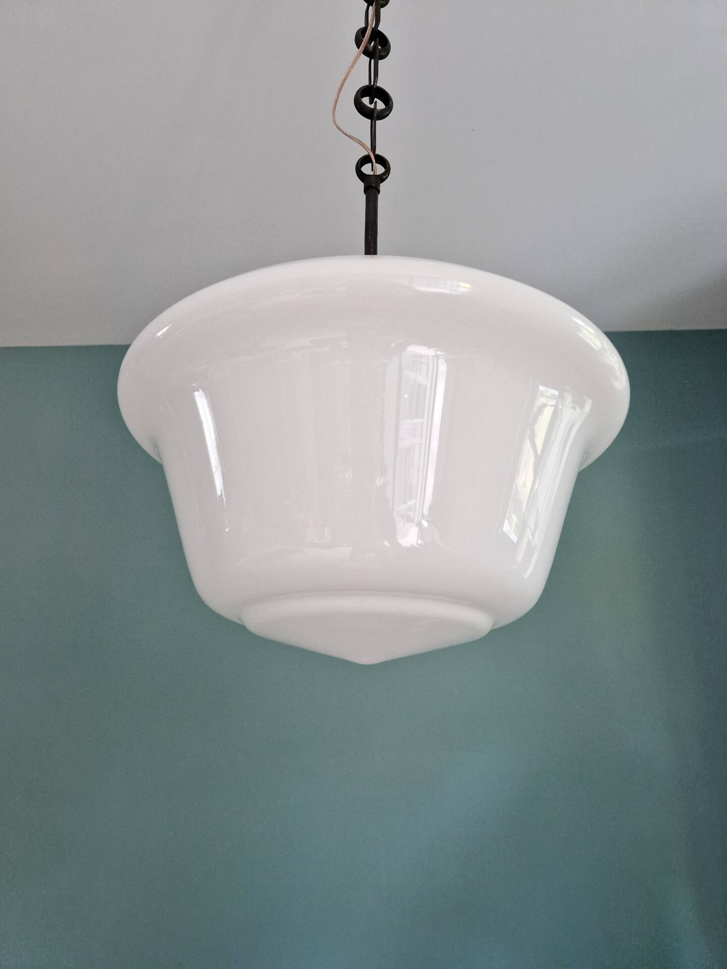 Large Art Deco pendant light in white opaline, 1930.