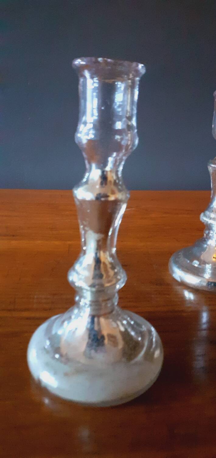 Pair Of Old Candlesticks In Eglomized/Mercurized Glass