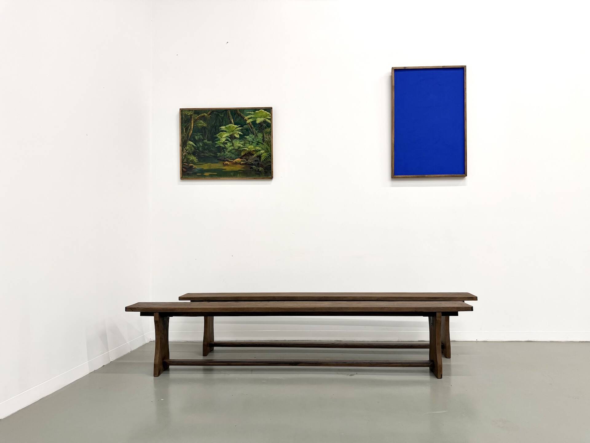 Pair of solid oak benches, winged legs, France, 1970s