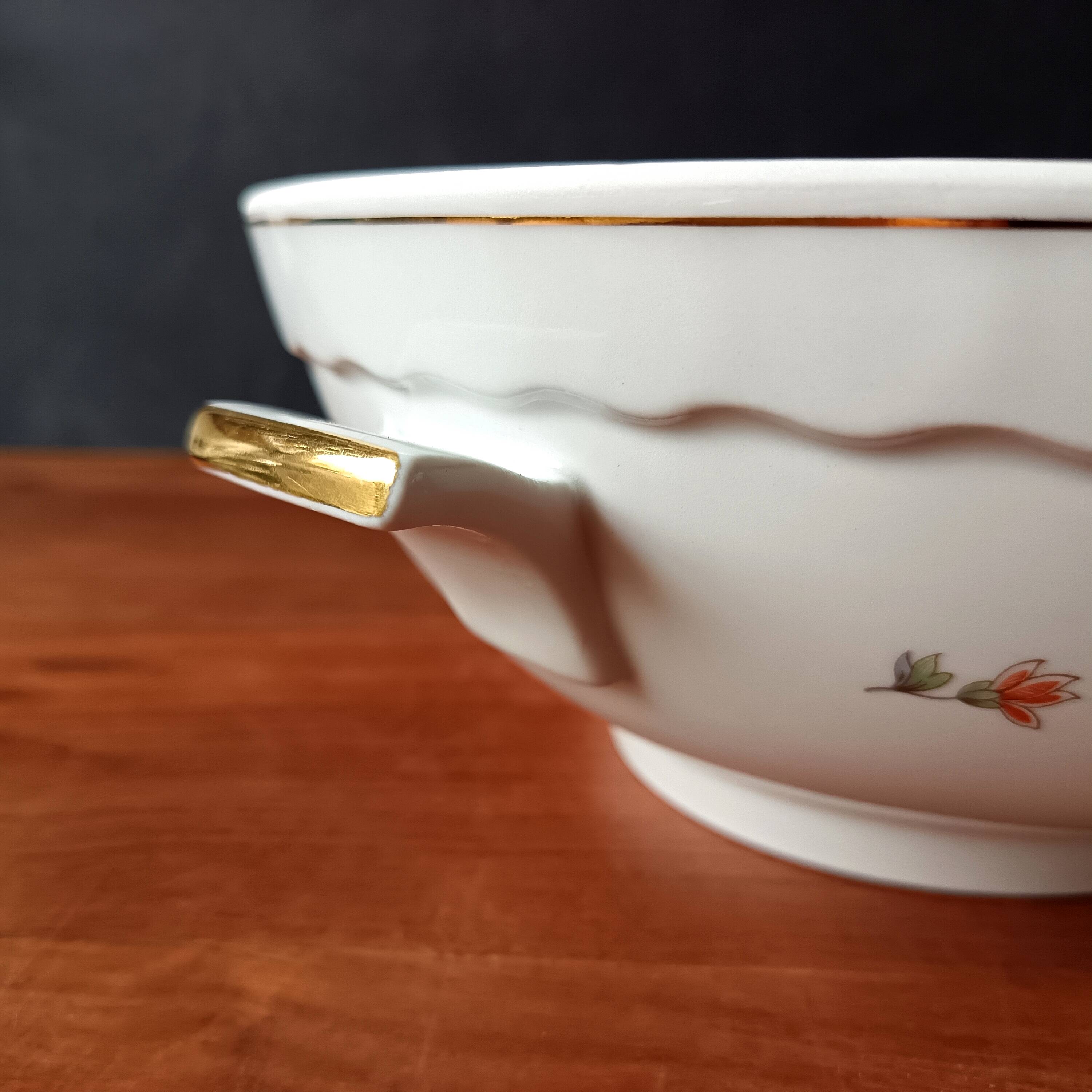 Vintage soup tureen, Vitriam porcelain France, Phoenix on a flowering branch.