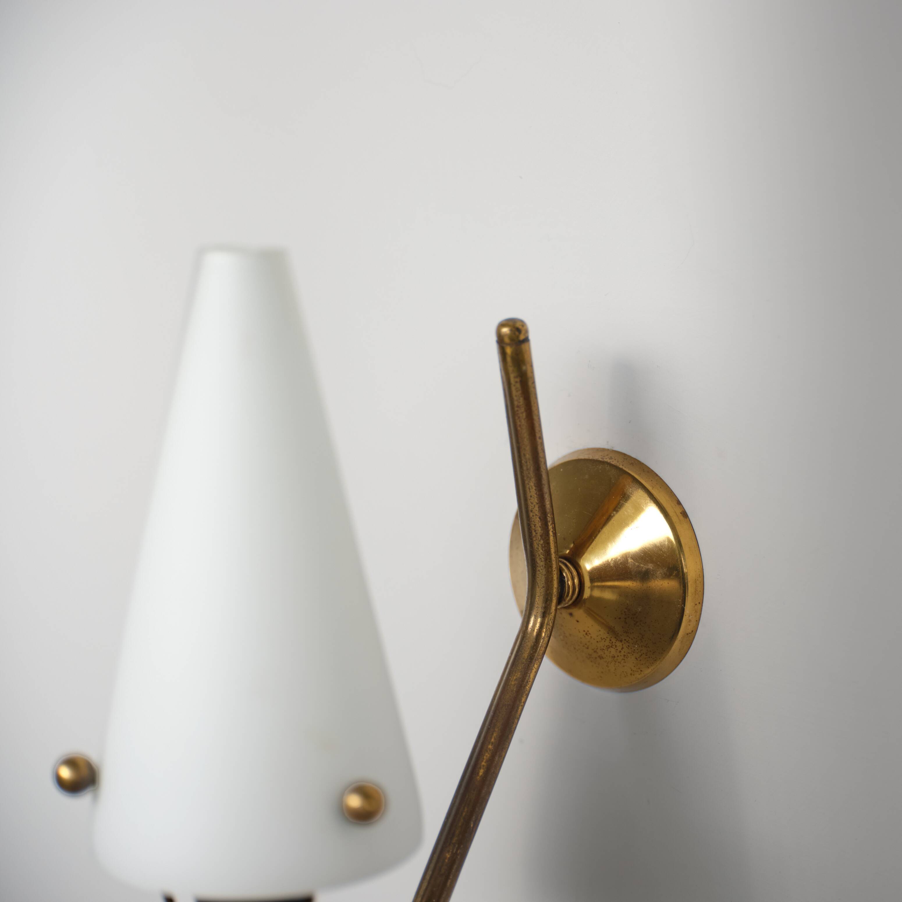 Pair of 1950s Italian Brass Sconces with Conical Opaline Glass Shades