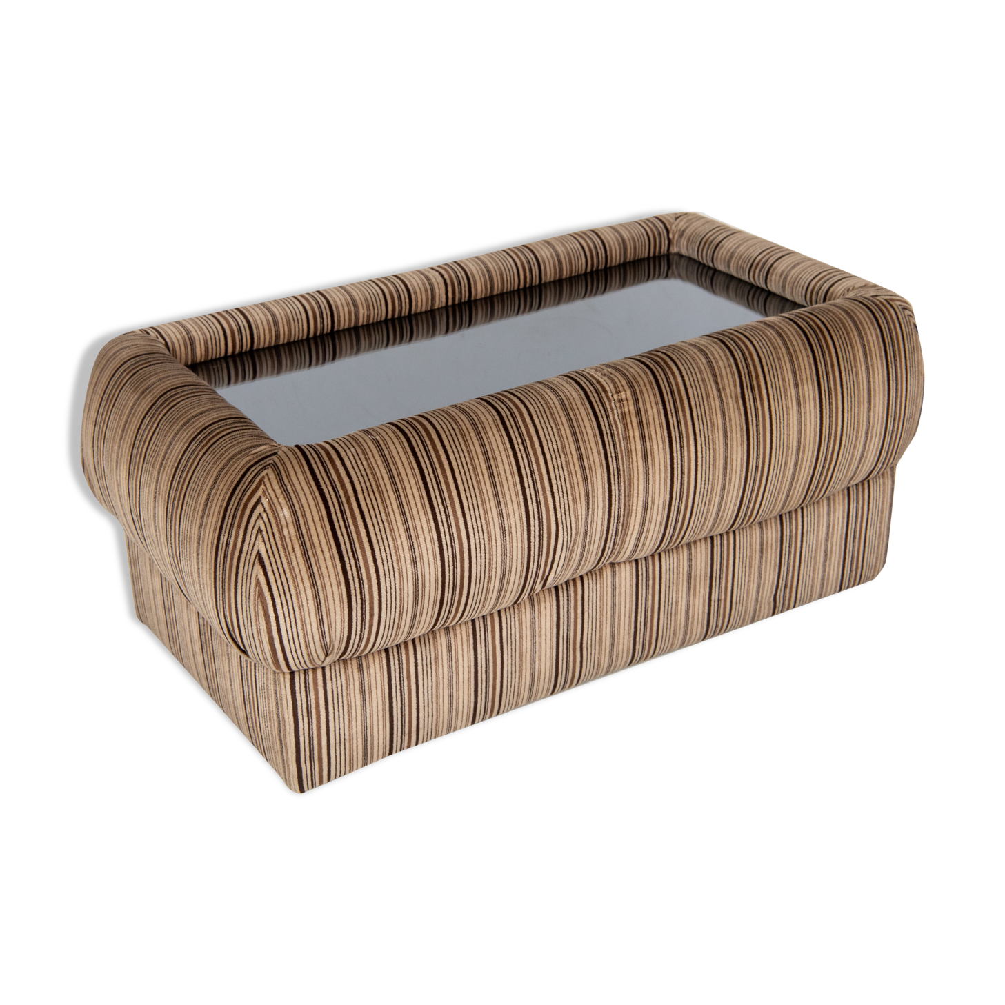 1970s vintage coffee table with velvet frame and glass top