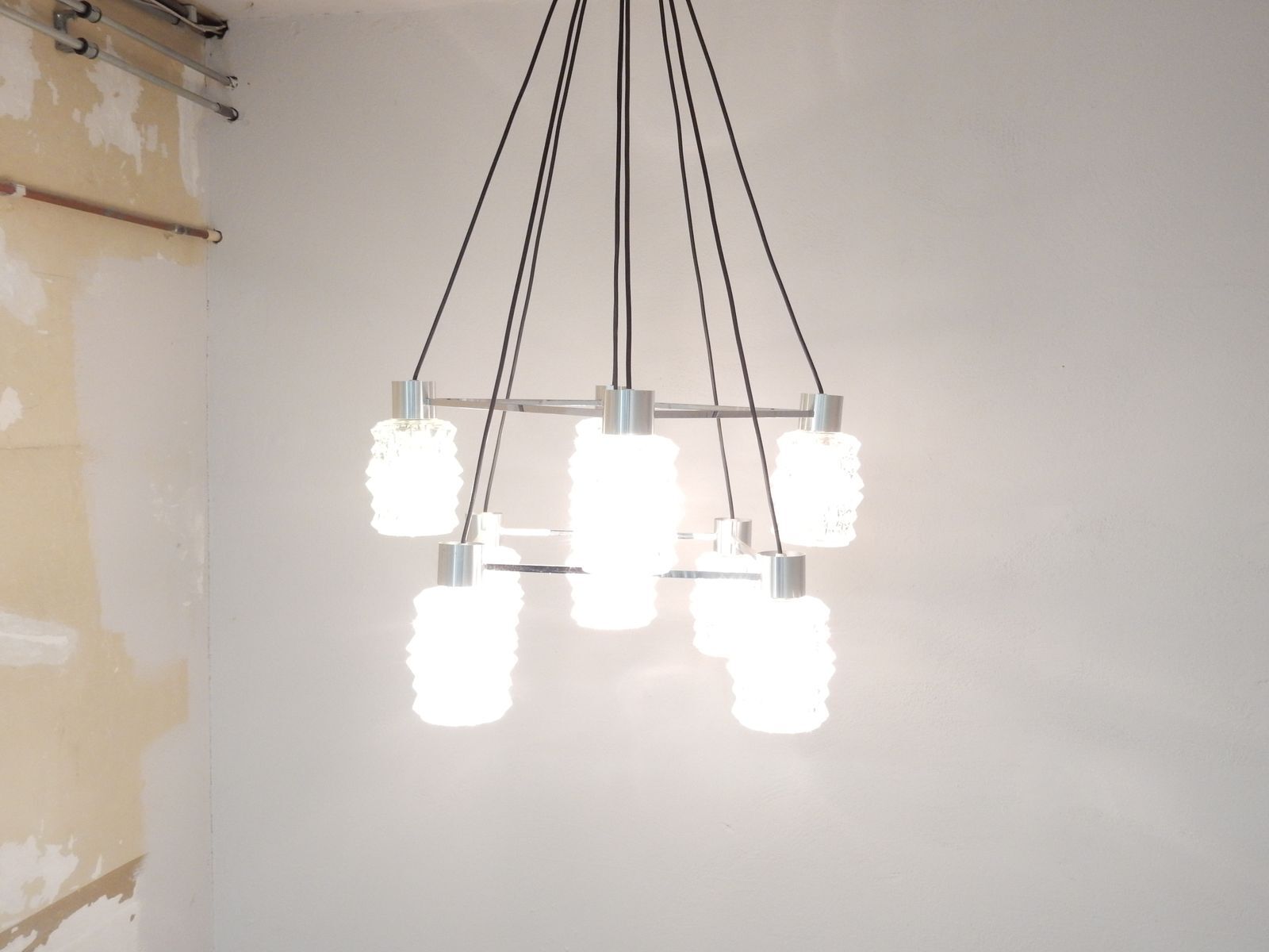 1970s glass and chrome chandelier