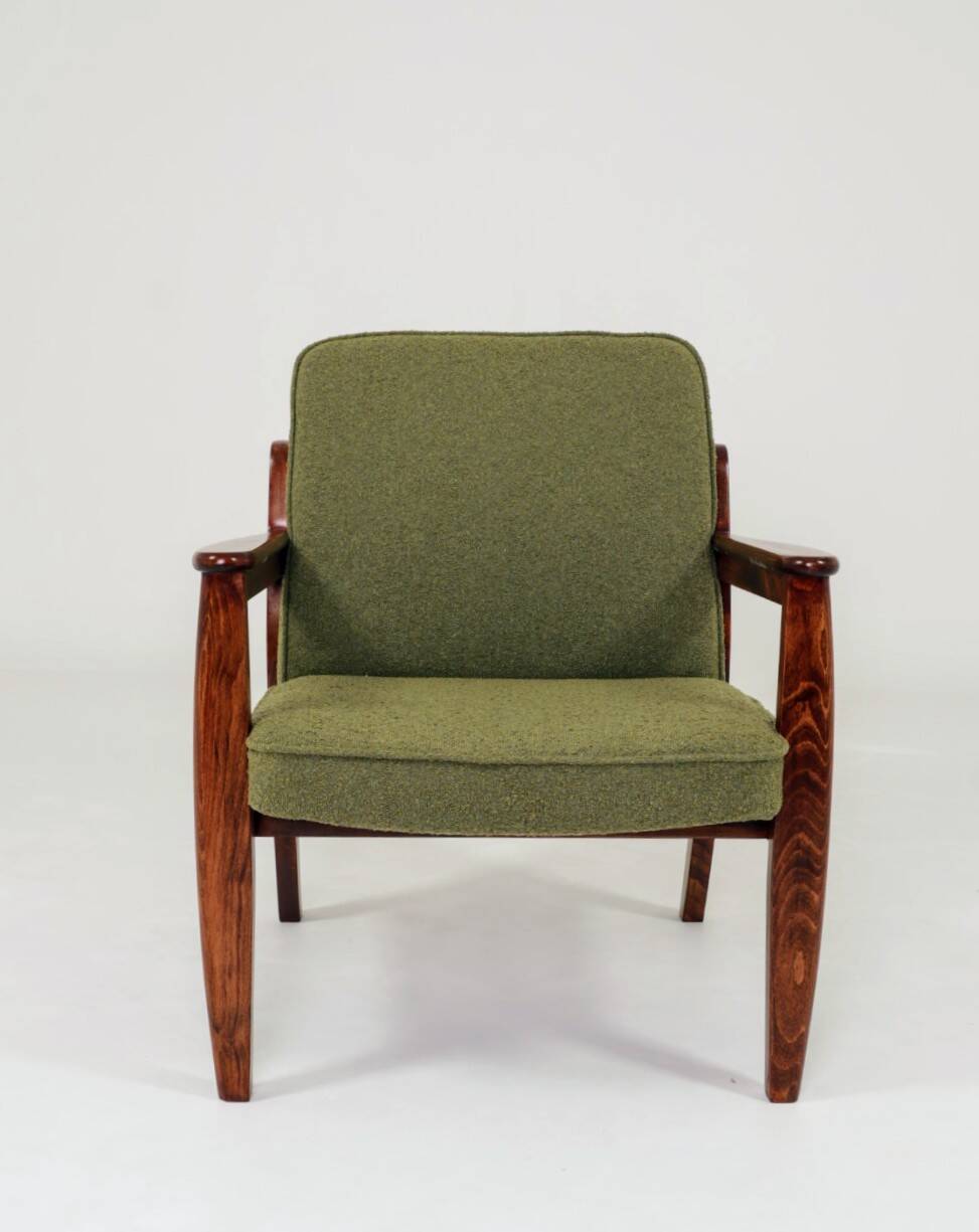 Fauteuil rétro en tissu boucle vert, forme ergonomique