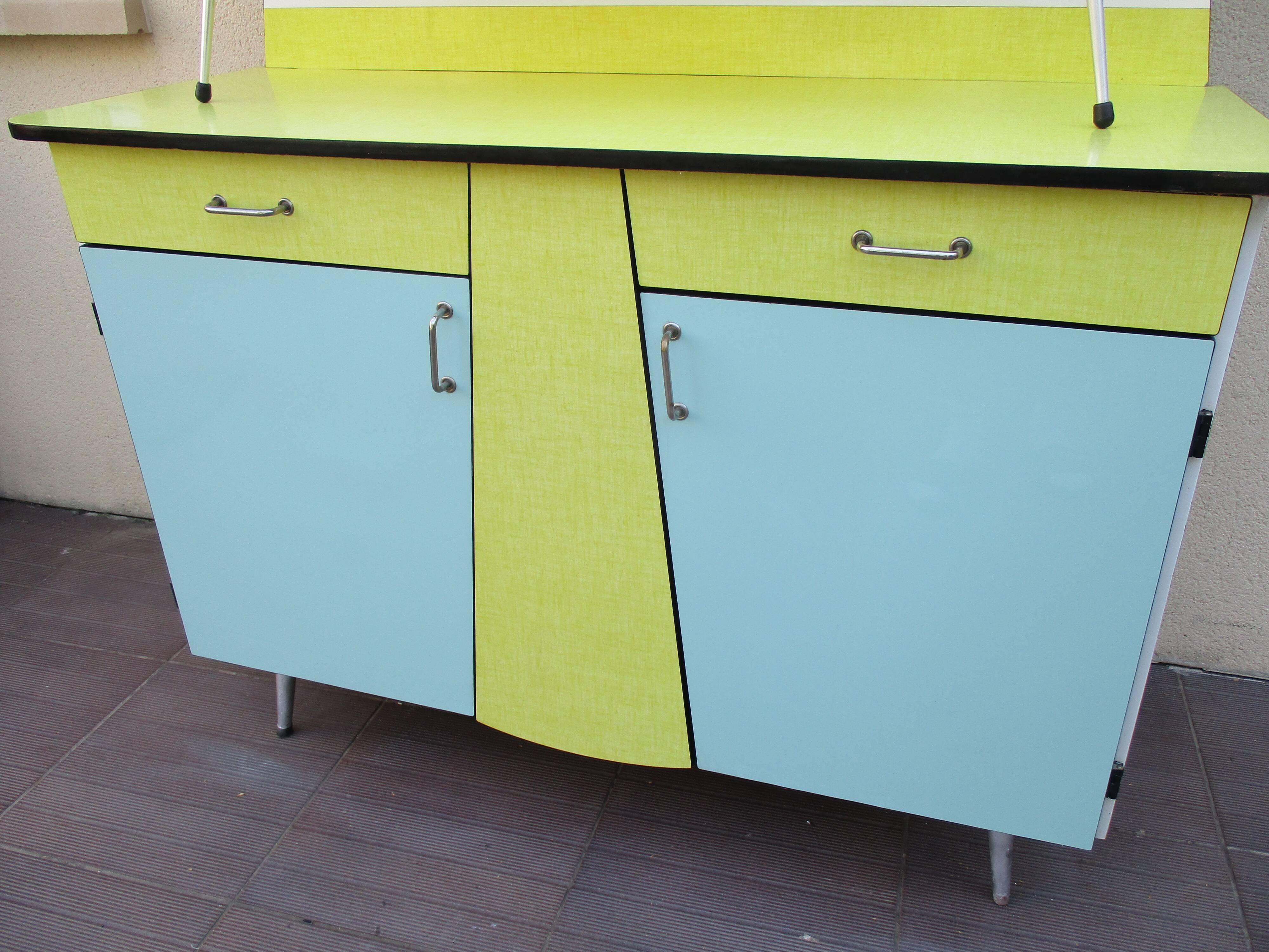Yellow and blue vintage formica kitchen buffet