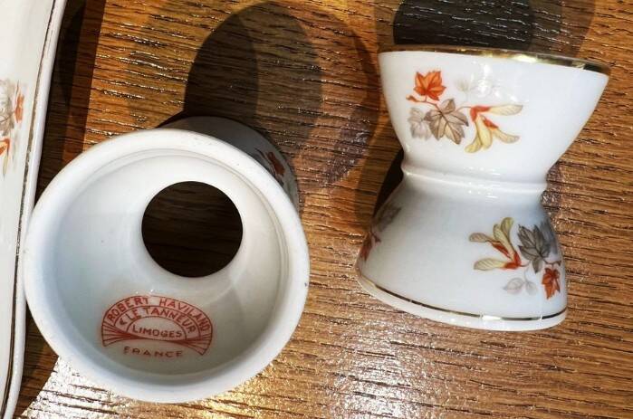 10 devil's egg cups and 2 porcelain salt cellars by Haviland and Le Tanneur 1920