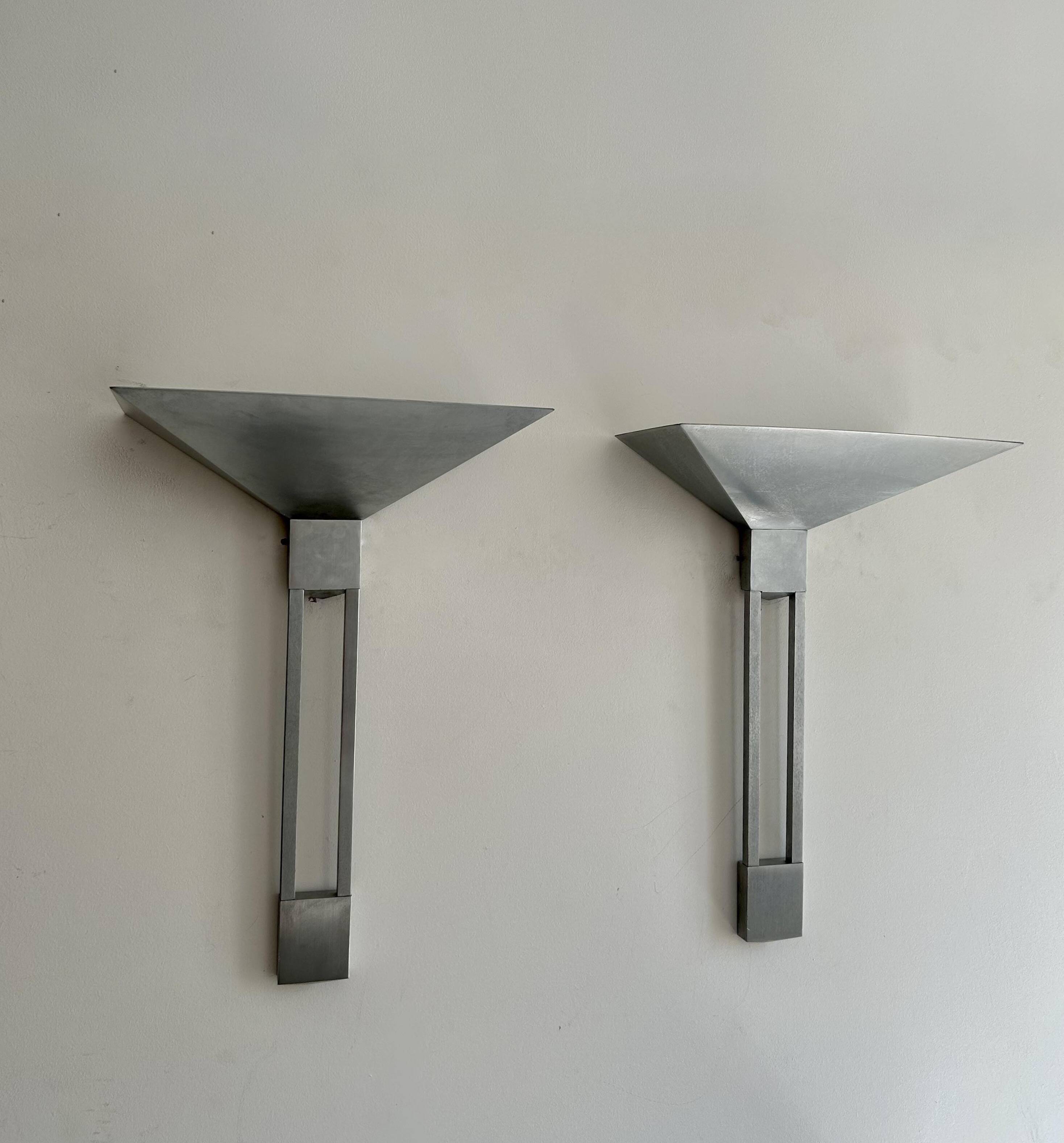 Pair of vintage geometric Vereinigte Werksatten wall lights, solid aluminum, Germany 1970s