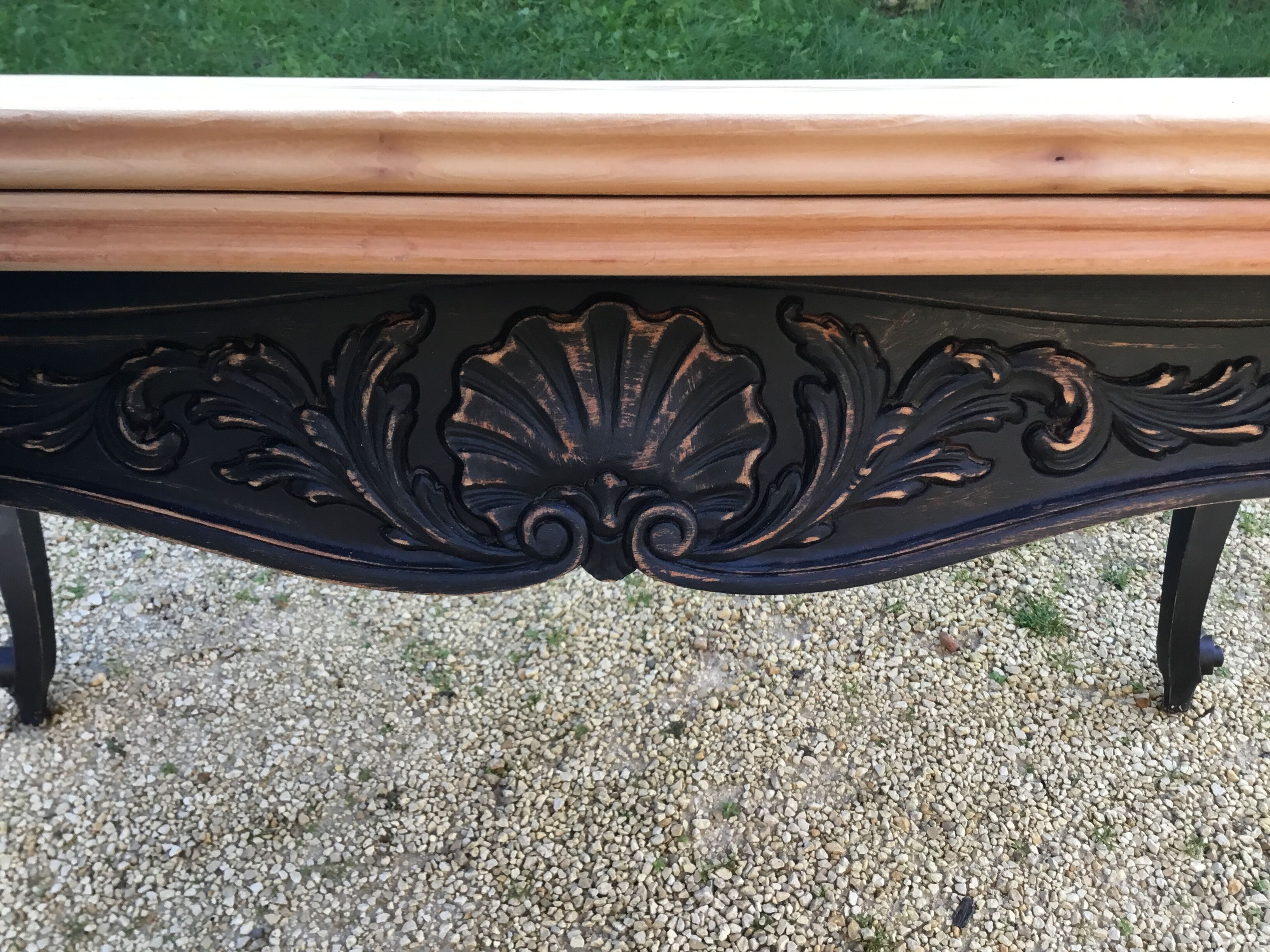 Louis XV style table in cherry wood restyled base in black and raw wood top