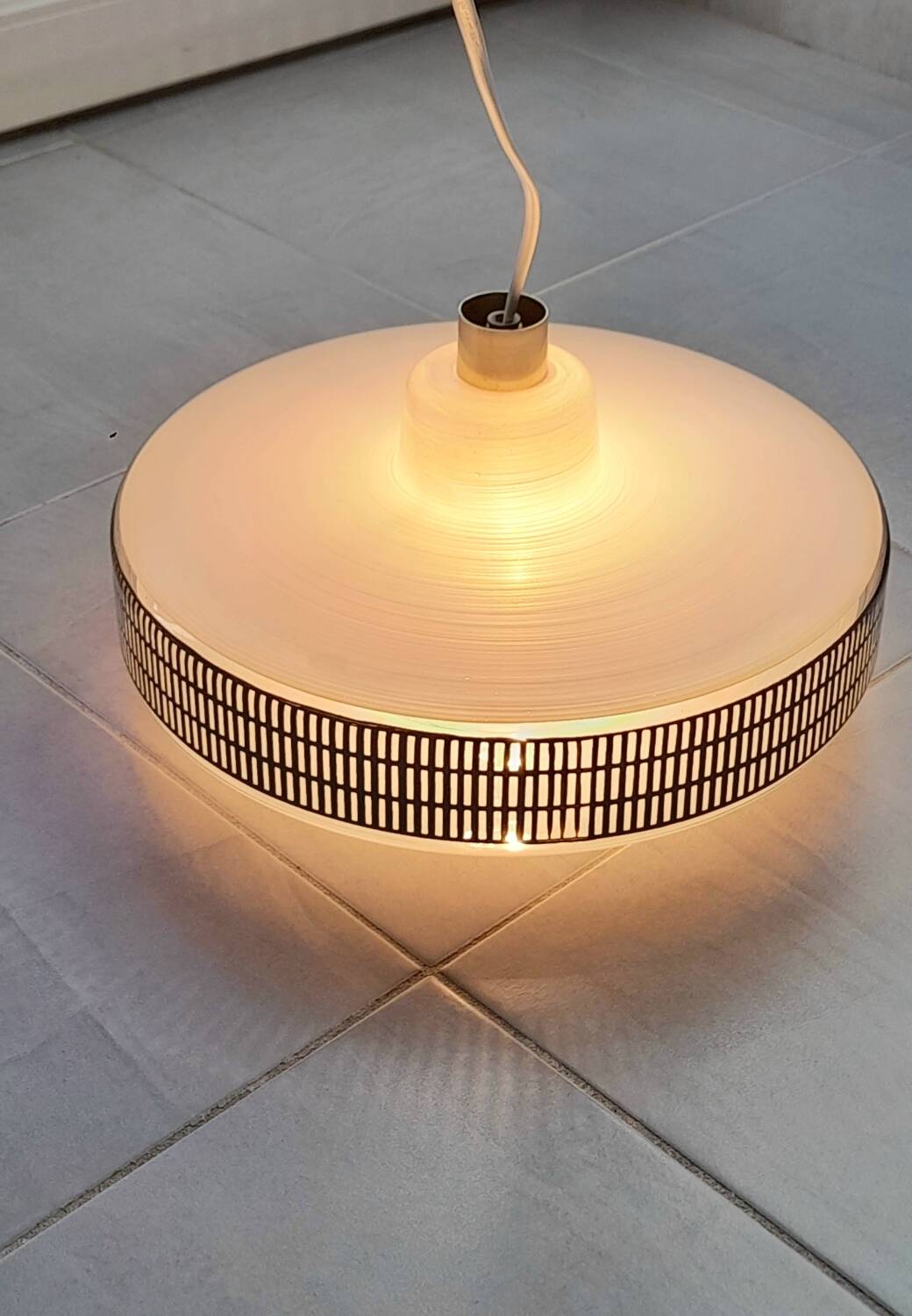 Silkscreened glass pendant light, 1950.