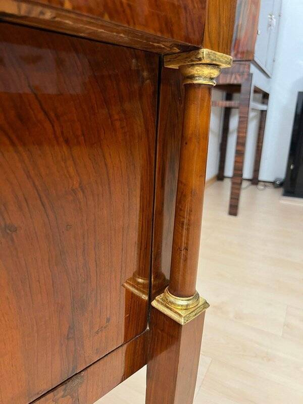 Empire Nightstands in Walnut with Full Columns in Gilt Brass, Italy, 1810, Set of 2