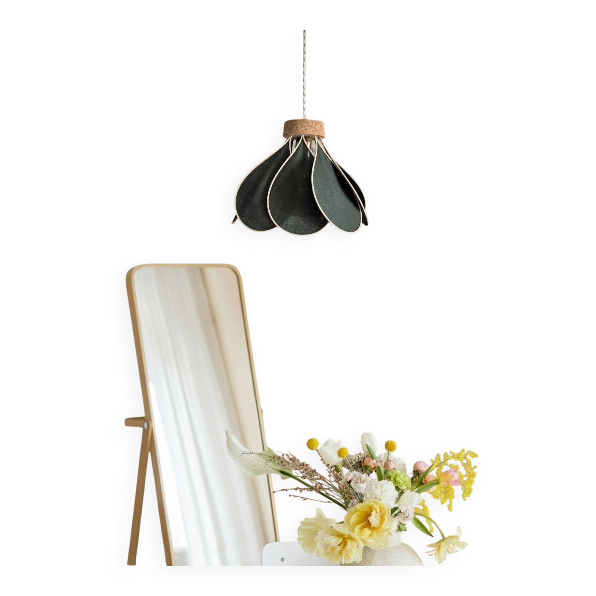 Flower suspension, Nymphéa model, 8 petals in rattan and fir green linen