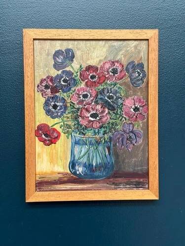 Original Swedish Oil on Panel “Flowers in Vase” Vintage & Framed 29 × 37cm