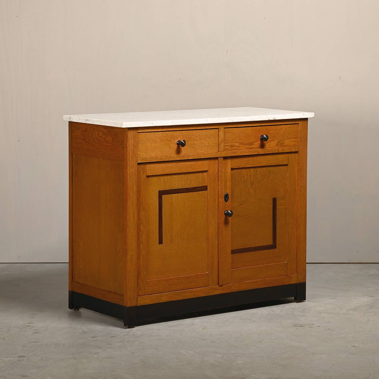 Art Deco Amsterdam School Cabinet Sideboard Oak and Marble, 1930s Netherlan