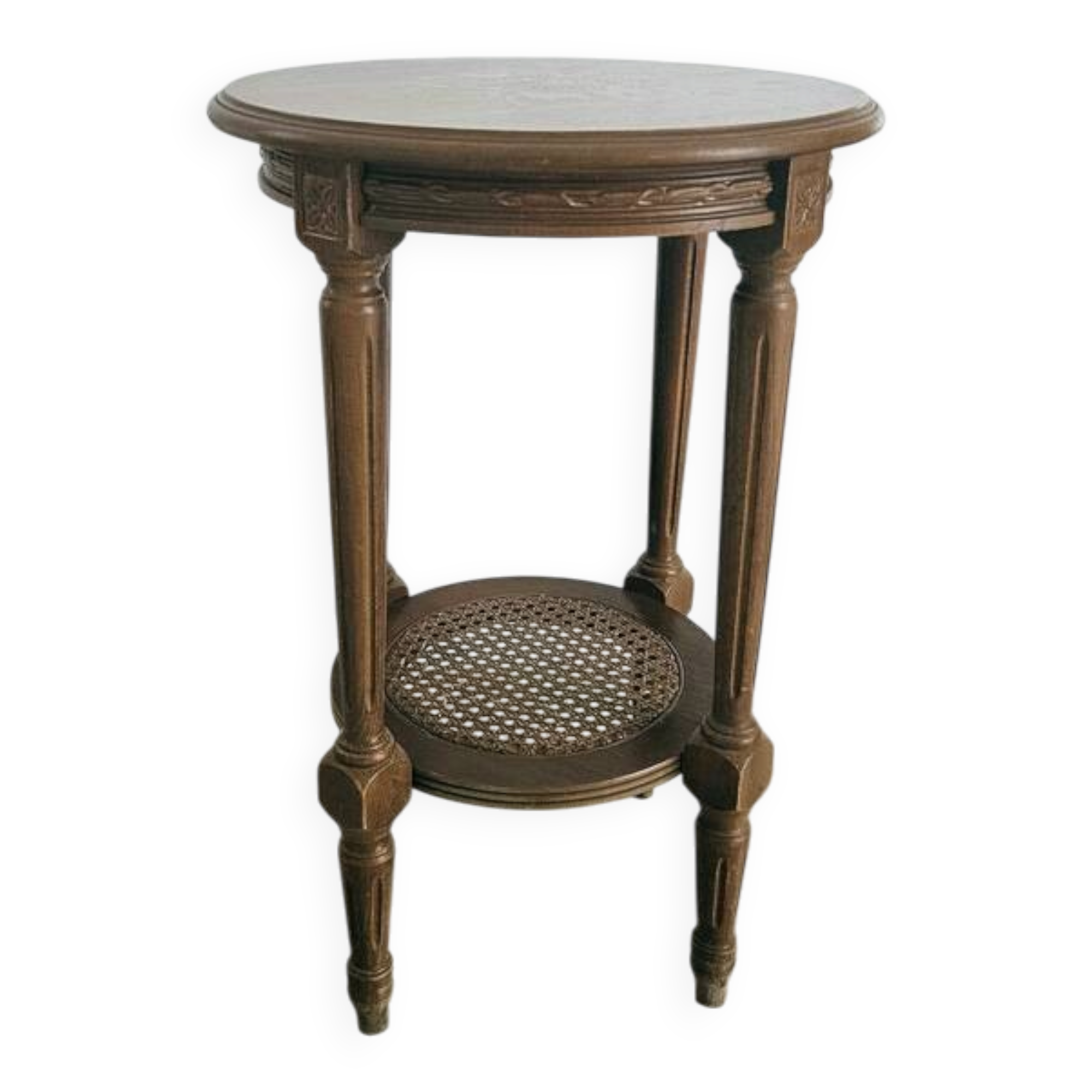 Antique marquetry side table in wood and cane.
